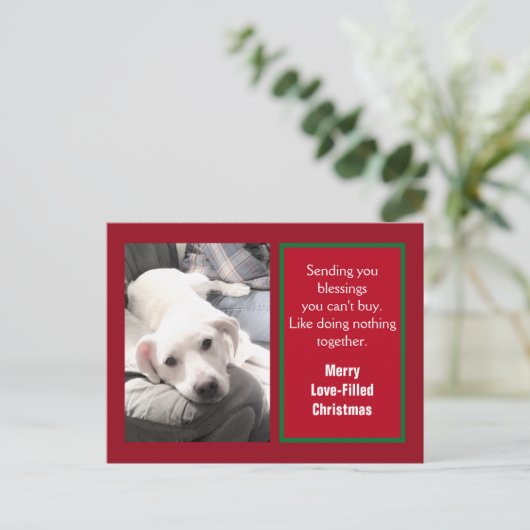Foto van Cute Puppy Dog met Pap Red Kerstmis Feestdagenkaart (Staand voorkant)