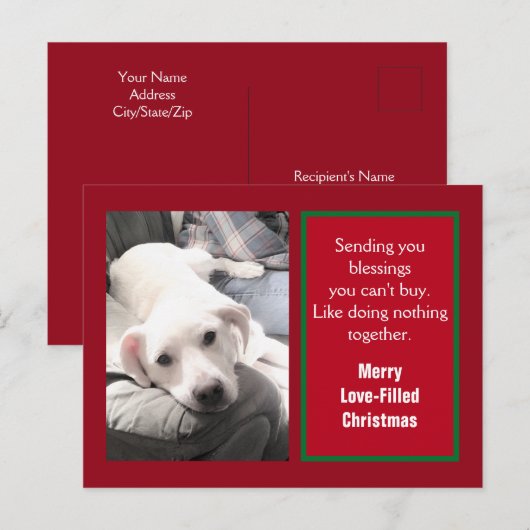 Foto van Cute Puppy Dog met Pap Red Kerstmis Feestdagenkaart (Voorkant / Achterkant)