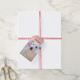 Foto van Cute Sweet White Puppy Dog Face Pink Cadeaulabel