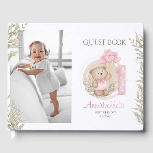 Foto van Cute Teddy Bear 1st Birthday Gastenboek (Voorkant)