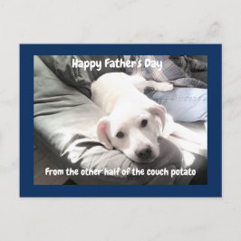 Foto van Cute Tired White Dog Hanging Out with Dad Feestdagenkaart