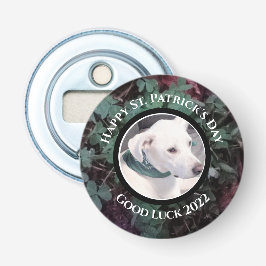 Foto van Cute White Dog Green Shamrocks Clovers Button Flesopener