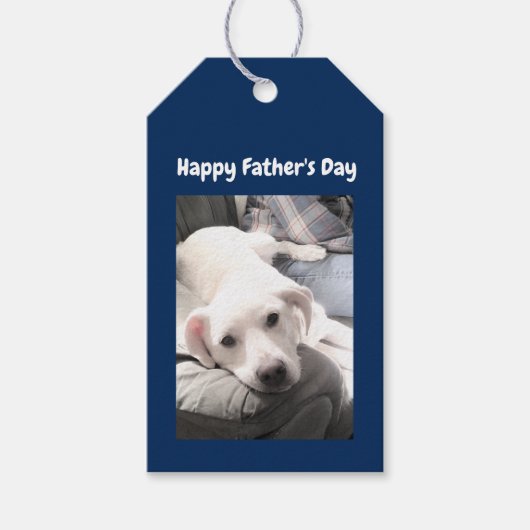Foto van Cute White Dog Hanging Out with Dad Blue Cadeaulabel (Voorkant)