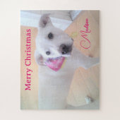 Foto van Cute White Dog met Scarf Custom Name Legpuzzel (Verticaal)