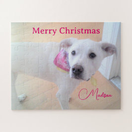 Foto van Cute White Dog met Scarf Custom Name Legpuzzel