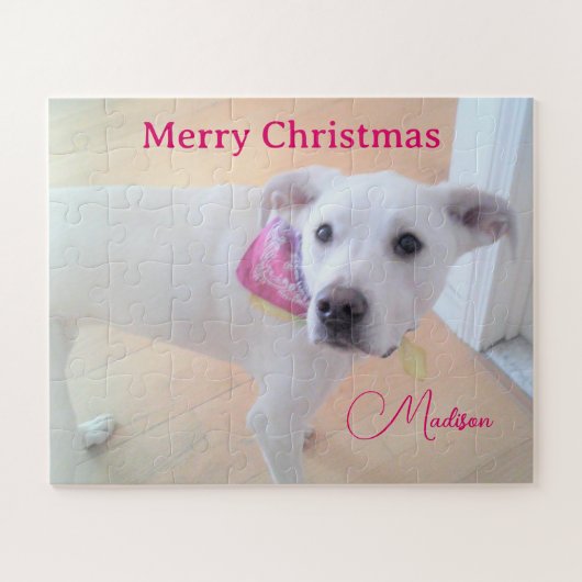 Foto van Cute White Dog met Scarf Custom Name Legpuzzel (Horizontaal)