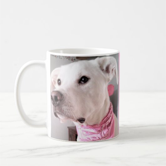 Foto van Cute White Dog Personalize with name roze Koffiemok (Links)