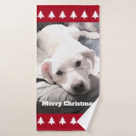 Foto van Cute White Dog Red Kerstbomen Bath T Badhanddoek (Badhanddoek)