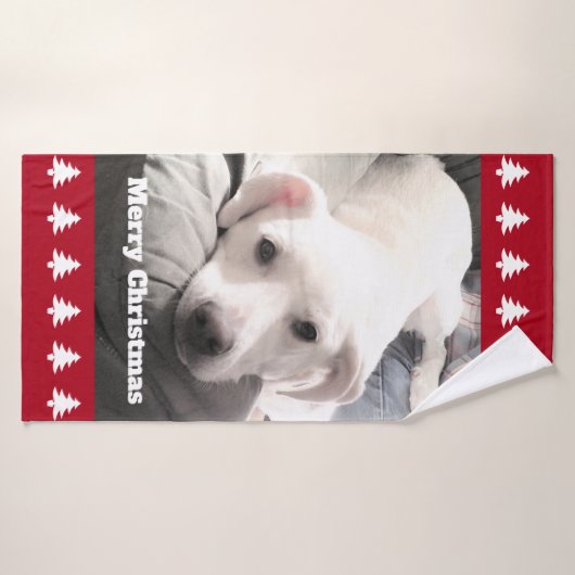 Foto van Cute White Dog Red Kerstbomen Bath T Badhanddoek (Badhanddoek)