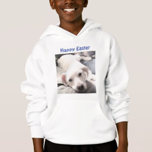 Foto van Cute White Puppy Dog Easter Gift Blue