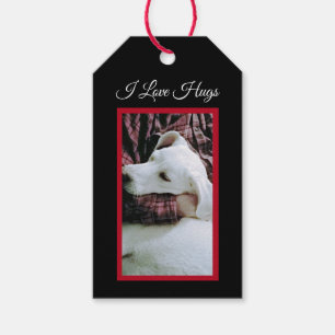 Foto van Cute White Puppy Dog I Love Hugs Black Cadeaulabel