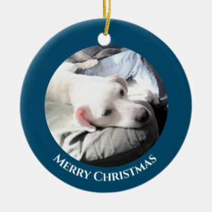 Foto van Cute White Puppy Dog met papa Blue Cerami Keramisch Ornament