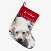 Foto van Cute White Puppy Dog Snowflakes Red Grote Kerstsok (Voorkant (Hangend))