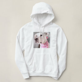 Foto van Cute White Puppy Dog Wearing Pink Scarf Hoodie