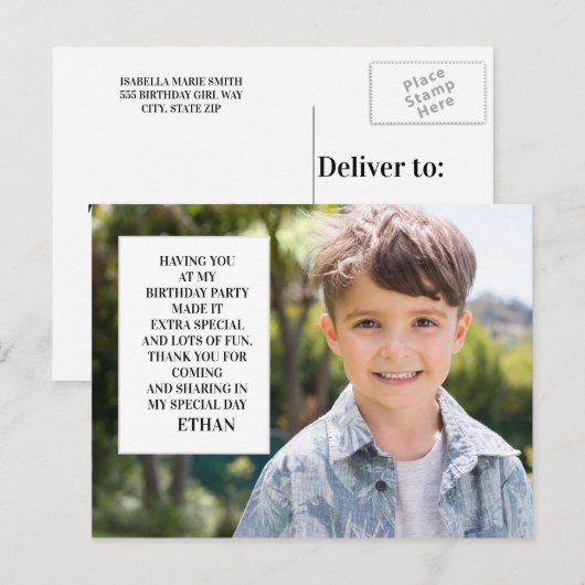 Foto van de Birthday Party van het kind Dank u Briefkaart (Voorkant / Achterkant)