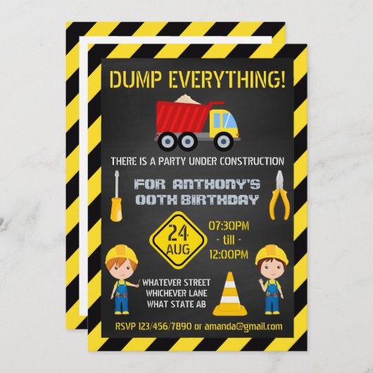 Foto van de bouwChalkboard Birthday Party Kaart (Voorkant / Achterkant)