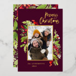 Foto van de bruine elegant-bladeren met kerst folie feestdagenkaart<br><div class="desc">Foto waterverf floral and foliage burgundy kerstman folie Holiday card. Mooie waterverf schilderde bladeren en moderne scripttekst. Een deel van een collectie.</div>