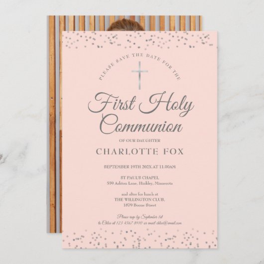 Foto van de eerste Heilige Commune Blush Pink Star Save The Date (Voorkant / Achterkant)