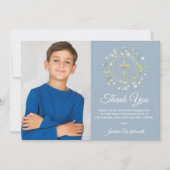 Foto van de eerste Heilige Communie Dusty Blue Gre Bedankkaart (Voorkant)