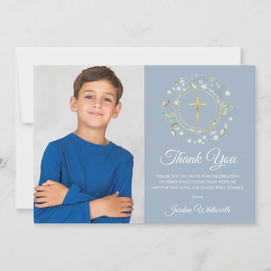 Foto van de eerste Heilige Communie Dusty Blue Gre Bedankkaart (Voorkant)