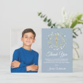 Foto van de eerste Heilige Communie Dusty Blue Gre Bedankkaart (Staand voorkant)