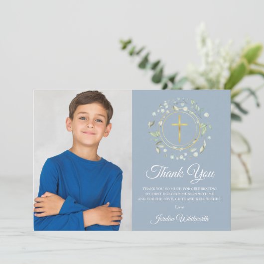Foto van de eerste Heilige Communie Dusty Blue Gre Bedankkaart (Staand voorkant)