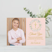 Foto van de eerste Heilige Communie Greenery Blush Bedankkaart (Staand voorkant)