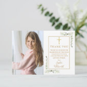 Foto van de eerste Heilige Communie Greenery Gold Bedankkaart (Staand voorkant)