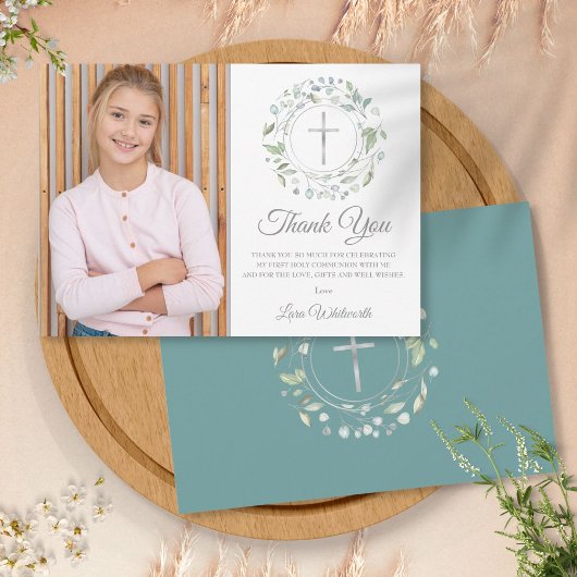 Foto van de eerste Heilige Communie Laurel Garland Bedankkaart