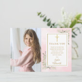 Foto van de eerste Heilige Communie Roze Greenery Bedankkaart (Staand voorkant)