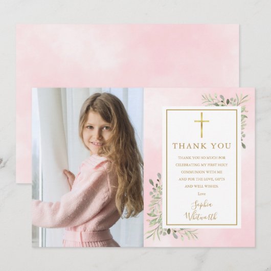 Foto van de eerste Heilige Communie Roze Greenery Bedankkaart (Voorkant / Achterkant)