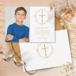 Foto van de eerste Heilige Communistische Gouden F Bedankkaart<br><div class="desc">Met een speciale foto,  een delicate faux gouden folie florale tuin en kruisverandering en je eerste heilige gemeenschap dank je de boodschap die je in de chemische typografie hebt geplaatst. Op de achterzijde staat een aaneengesloten delicaat faux gouden folie bloemkool en kruiskrop. Ontworpen door: Thisnotme©</div>