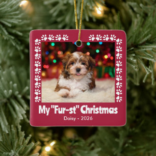 Foto van de eerste kerstpootafdrukken van een hond keramisch ornament