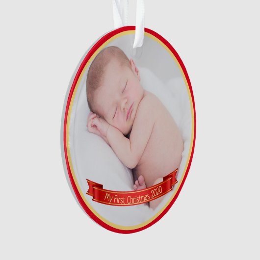 Foto van de eerste kerstrode kerstbanner van de ba ornament (voorkant)