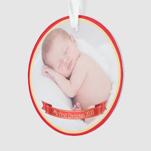 Foto van de eerste kerstrode kerstbanner van de ba ornament (voorkant)