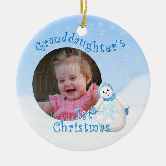 Foto van de eerste kerstsnowman-ronde van grootdoc keramisch ornament (Voorkant)