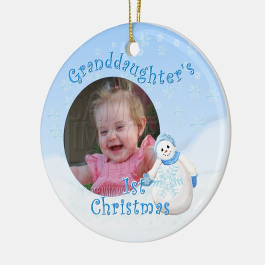 Foto van de eerste kerstsnowman-ronde van grootdoc keramisch ornament (Links)