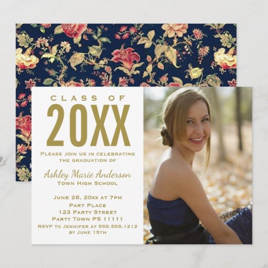 Foto van de  Floral Blue Gold Graduation Party Kaart (Voorkant / Achterkant)
