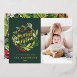 Foto van de groene kerstbotanische elegante modern folie feestdagenkaart<br><div class="desc">Fantastisch kerstblad waterverf foto rood en groen botanisch elegant modern minimum typografie Holiday folie card. Een deel van een collectie.</div>