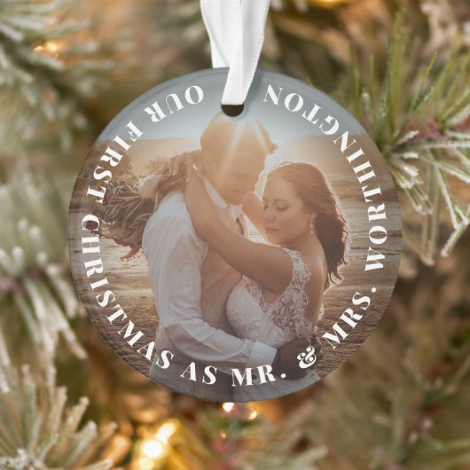 Foto van de heer & Mrs. First Square Simple Text C Ornament (Boom)
