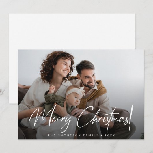 Foto van de kerstfamilie Vrolijk kerstscript Feestdagenkaart (Voorkant / Achterkant)