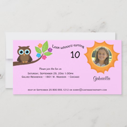 Foto van de Kinderpartij Owl Roze achtergrond uitn (Voorkant)