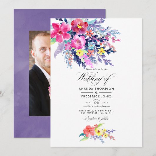 Foto van de kleurrijke Waterverf Floral Spring Wed Kaart (Voorkant / Achterkant)