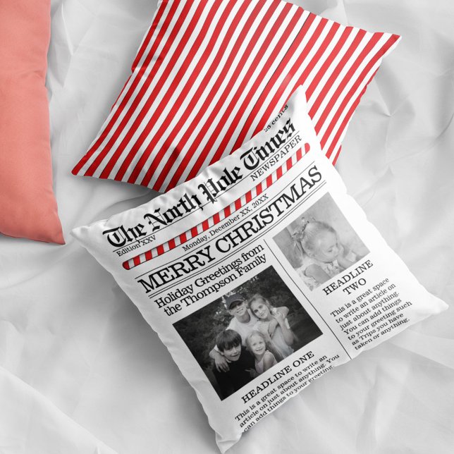 Foto van de krant North Pole: Kerstmis Kussen (Christmas cute whimsical newspaper print photo throw pillow.)