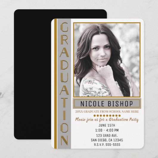 Foto van de Modern Gray Gold Graduation Party Afst Kaart (Voorkant / Achterkant)