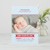 Foto van de moderne Baseball Blue en Red Baby Boy Aankondiging (Staand voorkant)