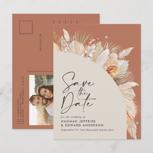 Foto van de moderne bohemische terracotta aankondigingskaart (Voorkant / Achterkant)