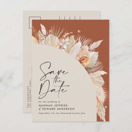 Foto van de moderne bohemische terracotta aankondigingskaart (Voorkant / Achterkant)