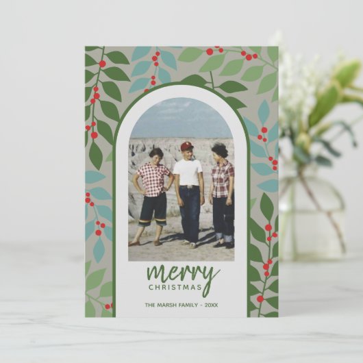 Foto van de moderne boog - eucalyptustakken Kerstm Feestdagenkaart (Staand voorkant)