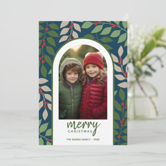 Foto van de moderne boog - eucalyptustakken Kerstm Feestdagenkaart (Staand voorkant)